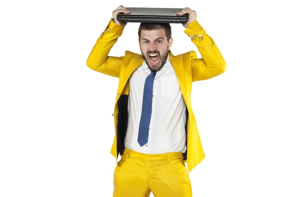 Zakenman vernietigen van een computer op zijn hoofd — Stockfoto