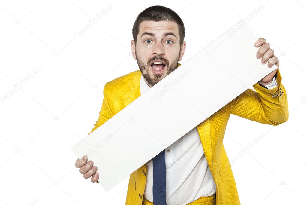happy businessman holds a copy space for advertisement