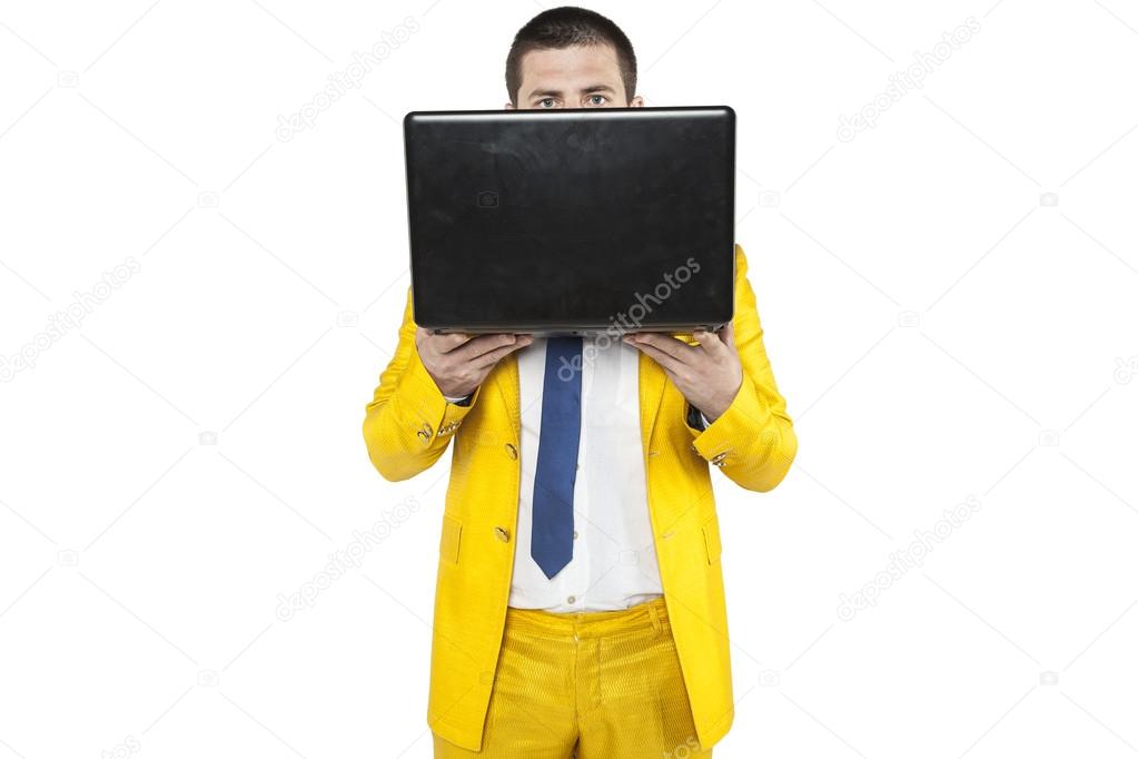 businessman is hiding behind a computer