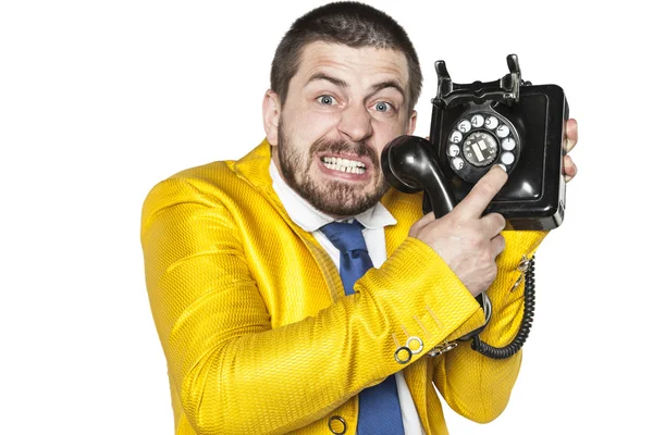 Uomo d'affari arrabbiato che cerca di scegliere un numero di telefono — Foto Stock