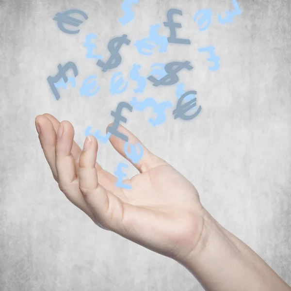 Hand asking for money, stamps currencies — Stock Photo, Image