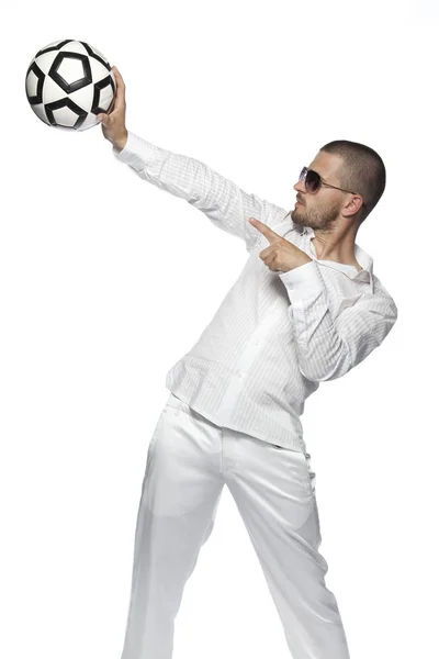 Businessman pointig on the ball — Stock Photo, Image