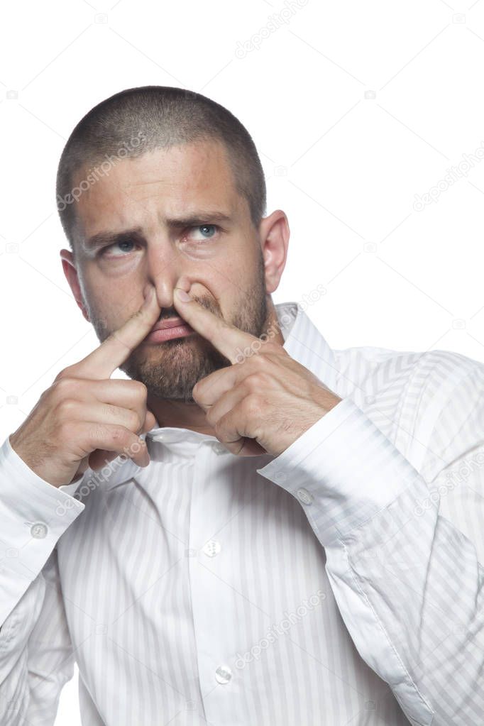 what smell, businessman in white shirt