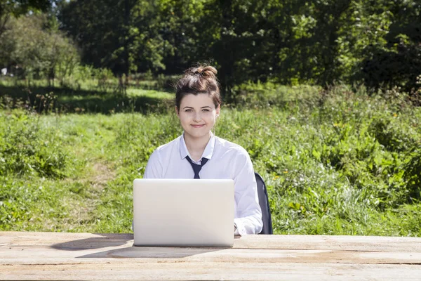 Mujer de negocios sonriente trabajando en una computadora portátil — Foto de Stock