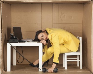 business woman asleep during a telephone conversation clipart