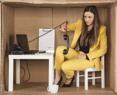 call center employee cuts the cable from the phone handset, quit clipart