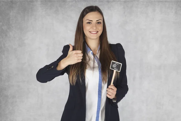 Feliz mujer de negocios muestra el pulgar hacia arriba para el euro —  Fotos de Stock