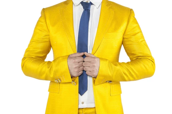 Confiança, homem de negócios em um terno dourado em um fundo branco — Fotografia de Stock