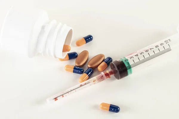 Different Types Medication Syringe Bloo — Stock Photo, Image