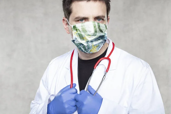 doctor in a mask from euros, the concept of earning as a doctor