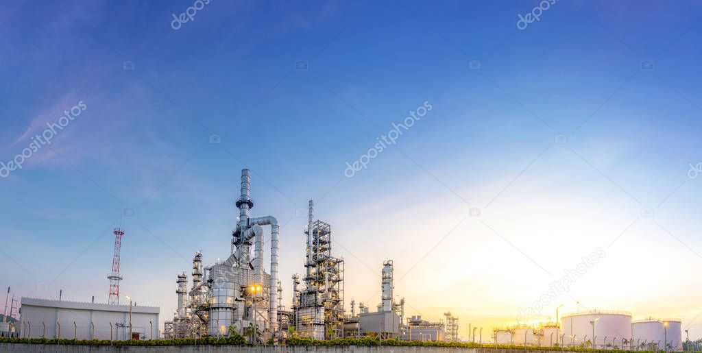 Panorama wide-angle Large oil and gas refinery industrial area and beautiful lighting at Twilight.