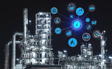 Küresel enerji ağı ikonu ile sanayi 4.0 petrol rafinerisi kavramı, geceleri endüstriyel petrokimya fabrikası, Tayland