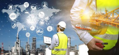 Endüstri 4.0 konsepti, rafineri petrol rafinerisi ve kıyı sondajı ham petrol platformu, enerji sistemi bağlantı ikonu konseptine sahip mühendisin çifte maruziyeti.