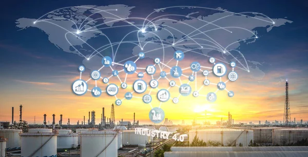 The double exposure of Industry 4.0 with Oil and gas refinery background. icons concept Technology of manufacturing and oil refining industry