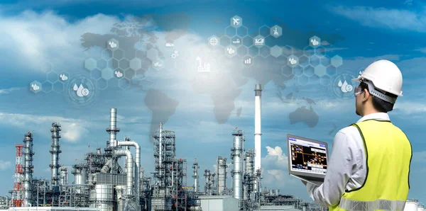 Industry Oil Gas Refining Process Refinery Plant Double Exposure Engineer — Stock Photo, Image