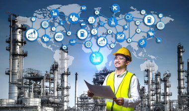 Endüstri 4.0 'a çifte maruz kalma, Mühendis Petrol rafinerisinde çalışıyor, imalat ve petrol rafinerisi ikonları teknolojisi endüstriyel konsept imajı