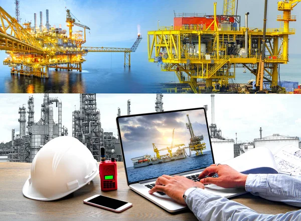 油田原油钻机工业 生产石油和天然气的海上钻机 控制室工程师或技术人员的操作过程概念 图库图片