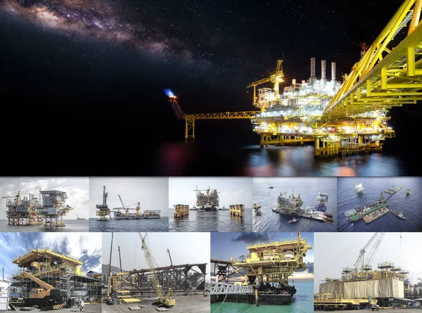 工业4 0概念 钻井机原油和天然气工业 泰国湾近海油田准备装运拖轮的钻机结构施工 免版税图库图片