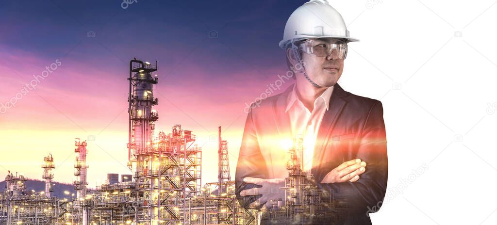 Double exposure of Refinery industry engineer with safety helmet and abstract background for copy space.