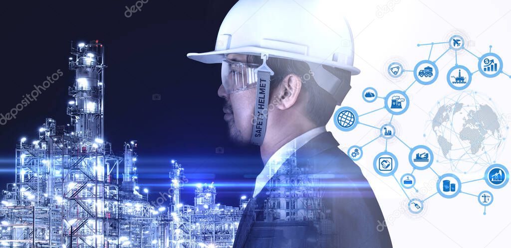Double exposure of Industry 4.0, Engineer are working at Oil refinery,  icons Technology of manufacturing and oil refining industrial concept image
