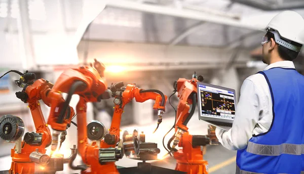 Los Brazos Del Robot Utilizan Para Industria Soldadura Por Arco — Foto de Stock