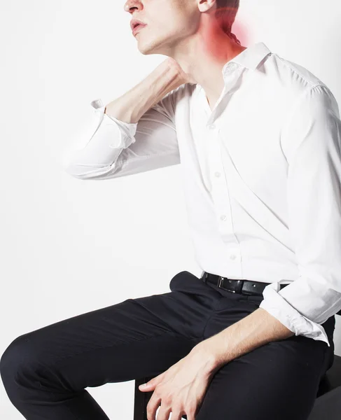 Portrait of body part businessman isolated on white background pain killers holding neck hurts, modern real business concept — Stock Image Portrait of body part businessman isolated on white background pain killers holding neck hurts, modern real business concept Stock Picture