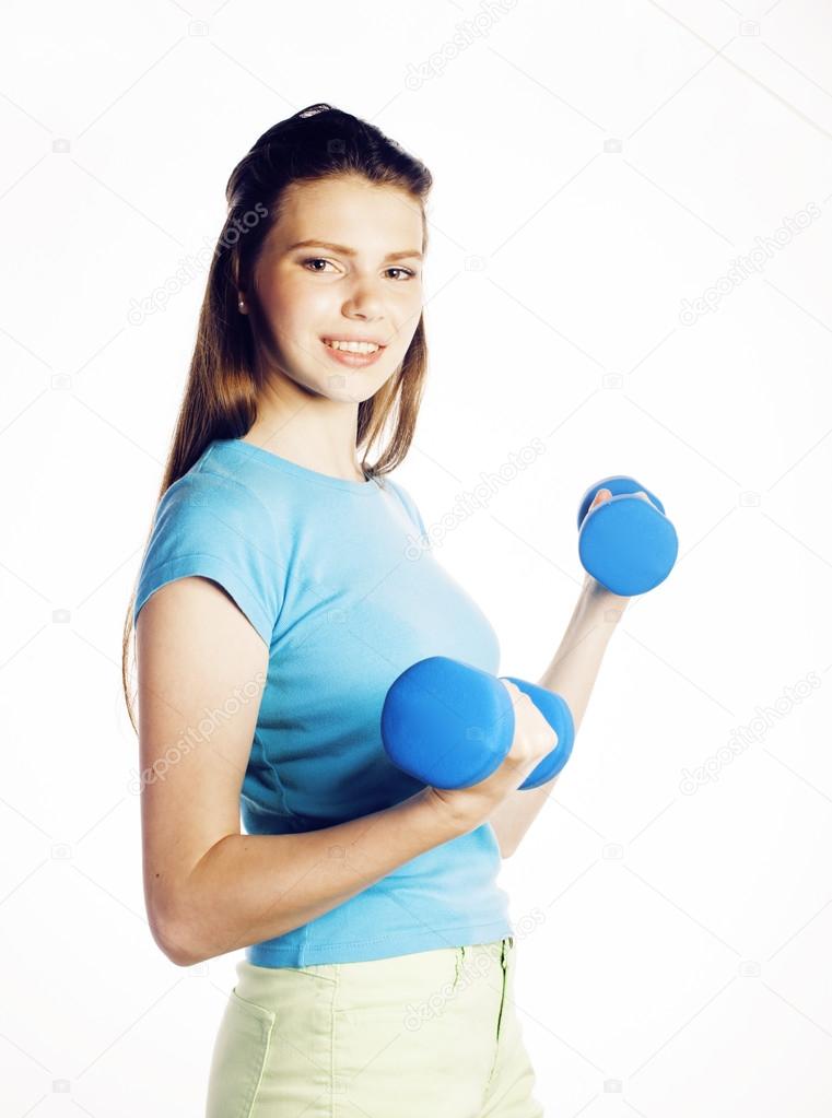 Young Pretty Slim Woman With Dumbbell Isolated Cheerful