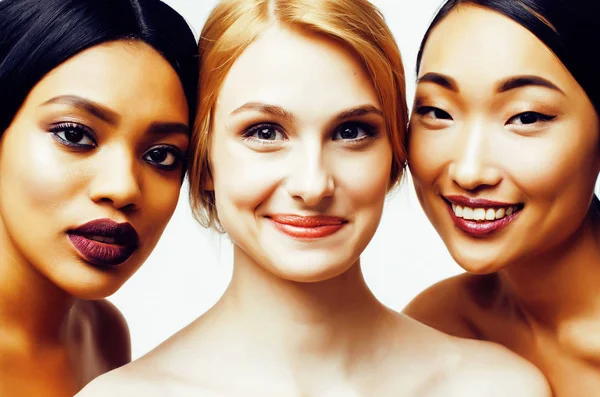 three different nation woman: asian, african-american, caucasian together isolated on white background happy smiling, diverse type on skin, lifestyle people concept
