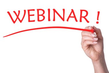 El, beyaz arkaplanda kırmızı işaretli sözcük webinar 'ı yazar.