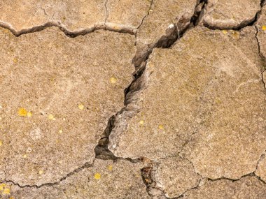 Çatlaklı eski beton ve zaman ve hava koşullarından kaynaklanan doğal yıkım
