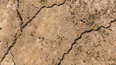 Çatlaklı eski beton ve zaman ve hava koşullarından kaynaklanan doğal yıkım