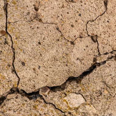 Çatlaklı eski beton ve zaman ve hava koşullarından kaynaklanan doğal yıkım
