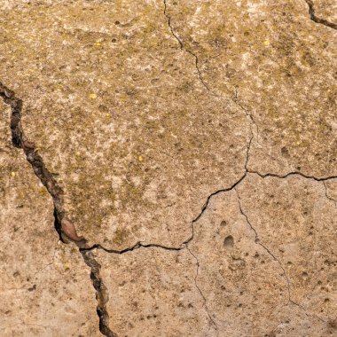 Çatlaklı eski beton ve zaman ve hava koşullarından kaynaklanan doğal yıkım