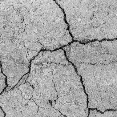 Yüksek çözünürlüklü eski beton çatlaklara ve zaman ve hava koşullarından kaynaklanan doğal yıkıma sahip. Renksiz, tek renkli, siyah beyaz fotoğraf.