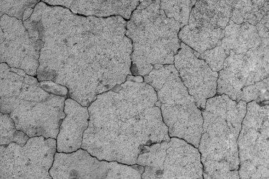 Yüksek çözünürlüklü eski beton çatlaklara ve zaman ve hava koşullarından kaynaklanan doğal yıkıma sahip. Renksiz, tek renkli, siyah beyaz fotoğraf.