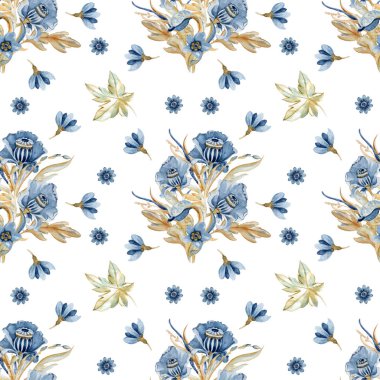 Çiçeksiz desenli mavi fantastik çiçekler. Suluboya el çizimi çizimi. Tekstil tasarımı, duvar kağıtları, kapak tasarımı ve diğer şeyler için mükemmel..