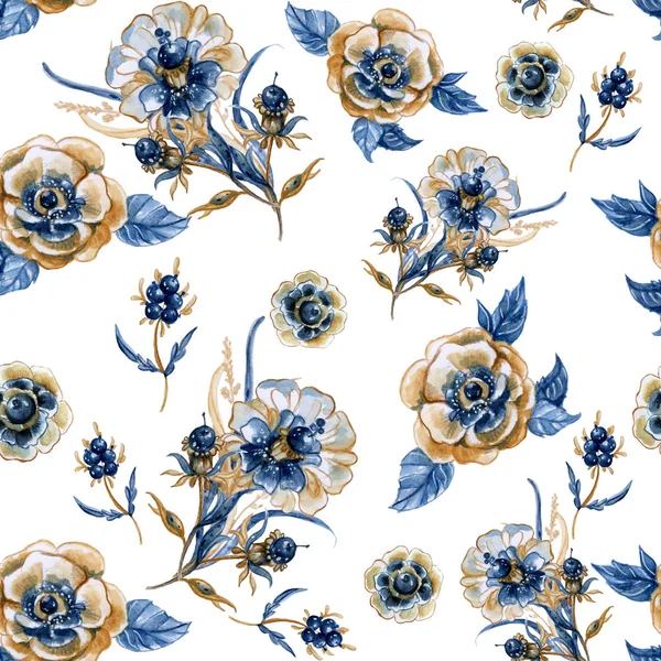 Watercolor floral seamless pattern with blue unreal flowers. Watercolor hand drawn illustration. Perfect for textile design, wallpapers, cover design and other.