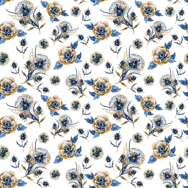Akwarela Kwiatowy Bezszwowy Wzór Niebieskimi Kwiatami Idealny Projektowania Tekstyliów Tapet — Zdjęcie stockowe
