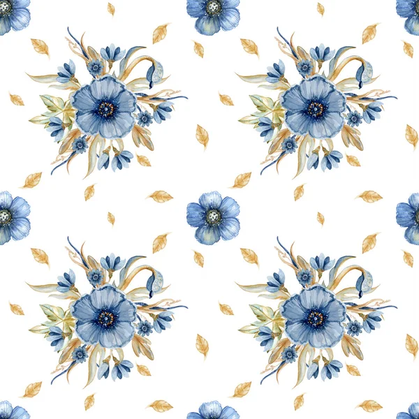 Kwiatowy Bezszwowy Wzór Niebieskimi Fantastycznymi Kwiatami Ręcznie Rysowany Akwarela Ilustracja — Zdjęcie stockowe