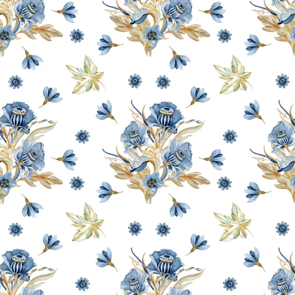 Blommigt Sömlöst Mönster Med Blå Fantastiska Blommor Akvarell Handritad Illustration — Stockfoto