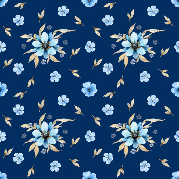 Płynny Kwiatowy Wzór Akwarelowym Niebieskim Kwiatem Ciemnym Tle Ręcznie Rysowana — Zdjęcie stockowe