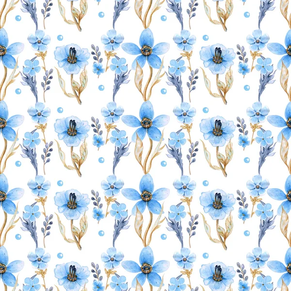 Seamless floral pattern with watercolor blue flowers. Hand drawn illustration. Perfect for textile design, wallpaper, cover design and more.