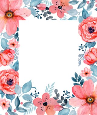 Pembe çiçekli çiçek çerçevesi. Suluboya el çizimi çizimi. Düğün ve doğum günü daveti için mükemmel.. 