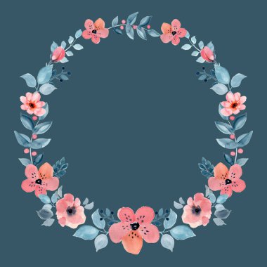 Koyu arkaplanda çiçek çelengi. Suluboya çizimi. Düğün davetiyesi, kartpostallar, anneler günü davetiyesi için mükemmel..