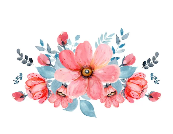 Bouquet Acquerello Singolo Con Fiori Foglie Irreali Rosa Illustrazione Disegnata — Foto Stock