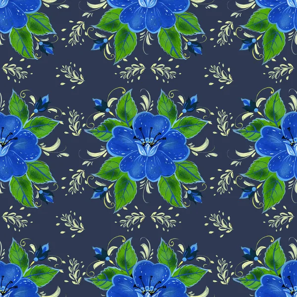ロシア風の青の装飾花でシームレスなパターンを描いたグアッシュ手 テキスタイルプリント カバーデザインなどに最適です — ストック写真