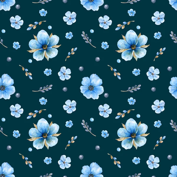 Nahtloses Blumenmuster Mit Aquarellblauen Blüten Handgezeichnete Illustration Perfekt Für Textildesign — Stockfoto