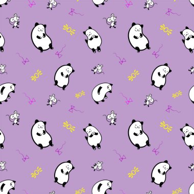 Eflatun arka planda şirin kedi ve fareleri olan kusursuz bir vektör deseni. Komik karikatür çizimi. Tekstil baskısı, duvar kâğıtları ve diğerleri için mükemmel..