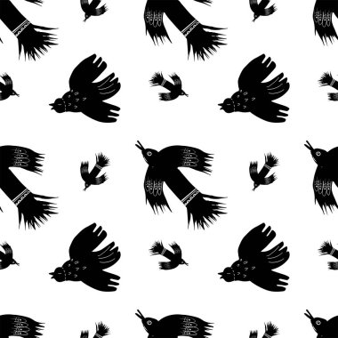 Beyaz arka planda etnik siyah kuşların olduğu kusursuz bir vektör deseni. El çizimi kuru fırça çizimi. Tekstil baskısı, duvar kağıtları, kapak tasarımı ve diğer arka planlar için kullanılabilir. 