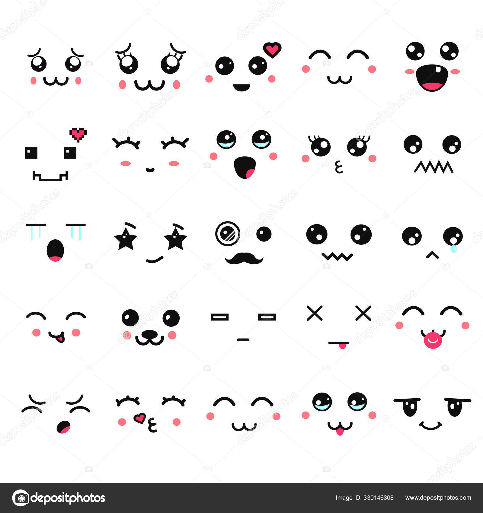 Kawaii cute faces. Manga style eyes and mouths. Funny cartoon japanese  emoticon in in different expressions. Expression anime character and  emoticon face illustration. Background, Wallpaper. Stock Vector Image by  ©Ballerion #330146308